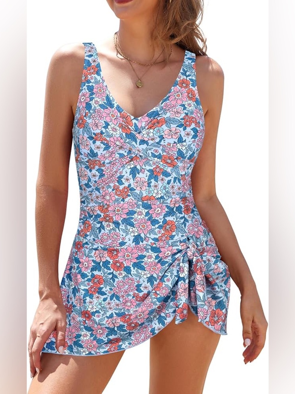Floral Scoop Neck Swimdress by Eomenie in Blue & Pink permanent padded size L